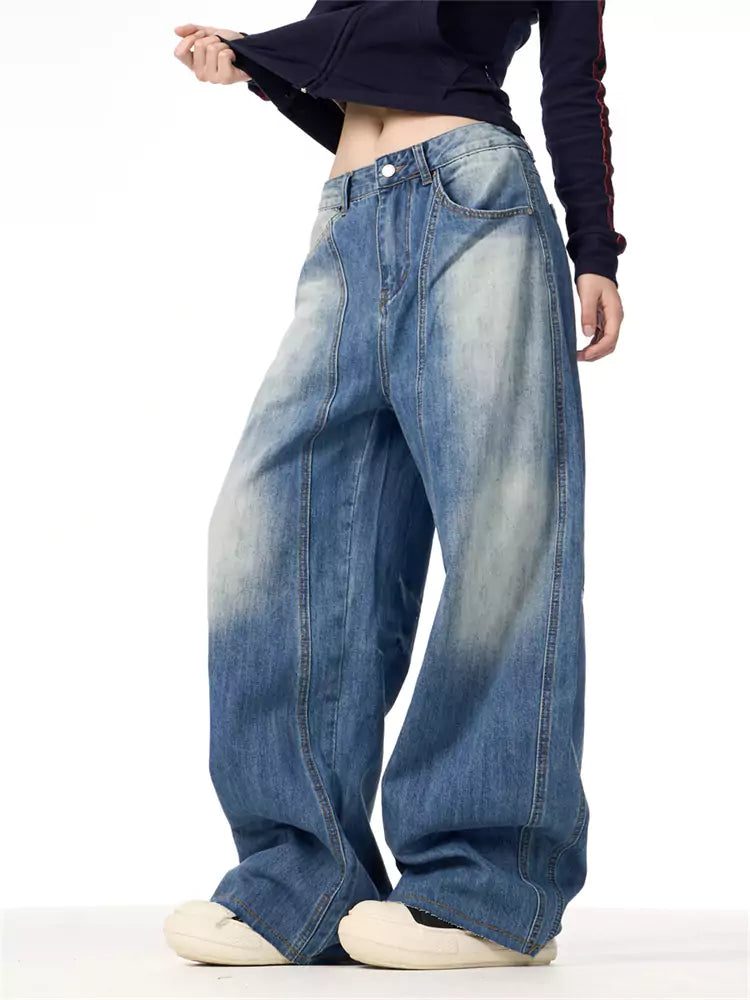 Vintage-Jeans mit gewaschenem, weitem Bein und Blitzmuster für Damen