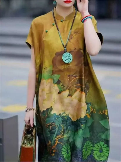 Luxuriöses, locker sitzendes Midikleid aus Maulbeerseide in großen Größen mit Blumenmuster