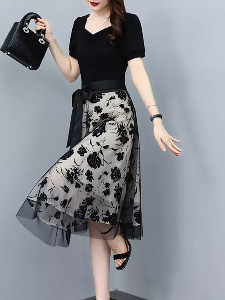 French Style Summer Floral Tie Waist Tulle Midi Dress