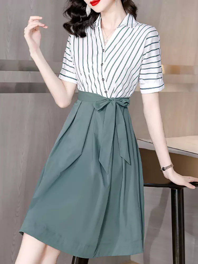 Stylish High-End Fake Two-Piece Midi Dress with Waist Slimming Design