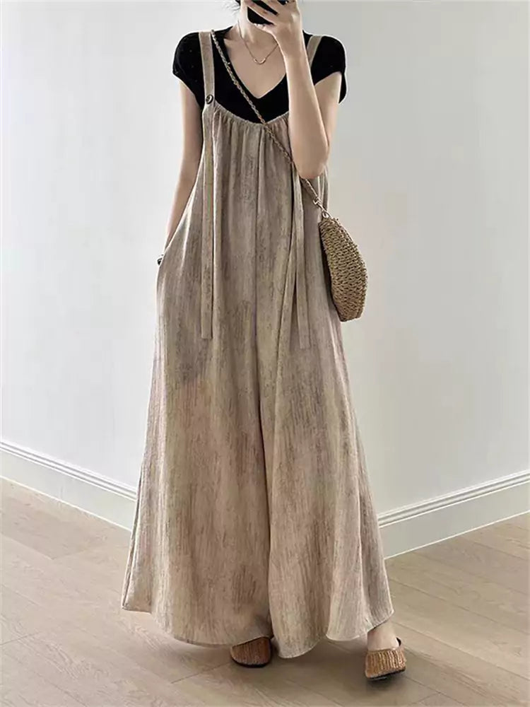 Mono holgado de lino vintage de verano con pernera ancha y tirantes con drapeado suave