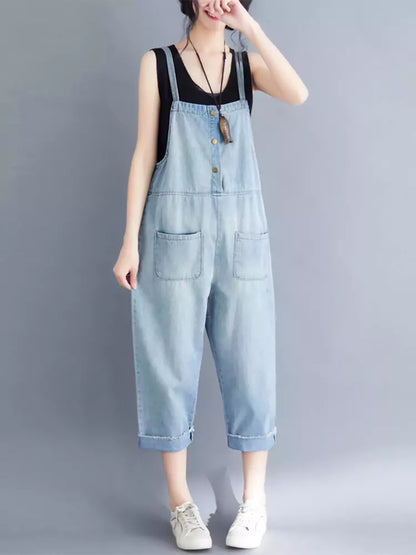 Overol vaquero holgado de talla grande 9/10 para mujer con bolsillos dobles