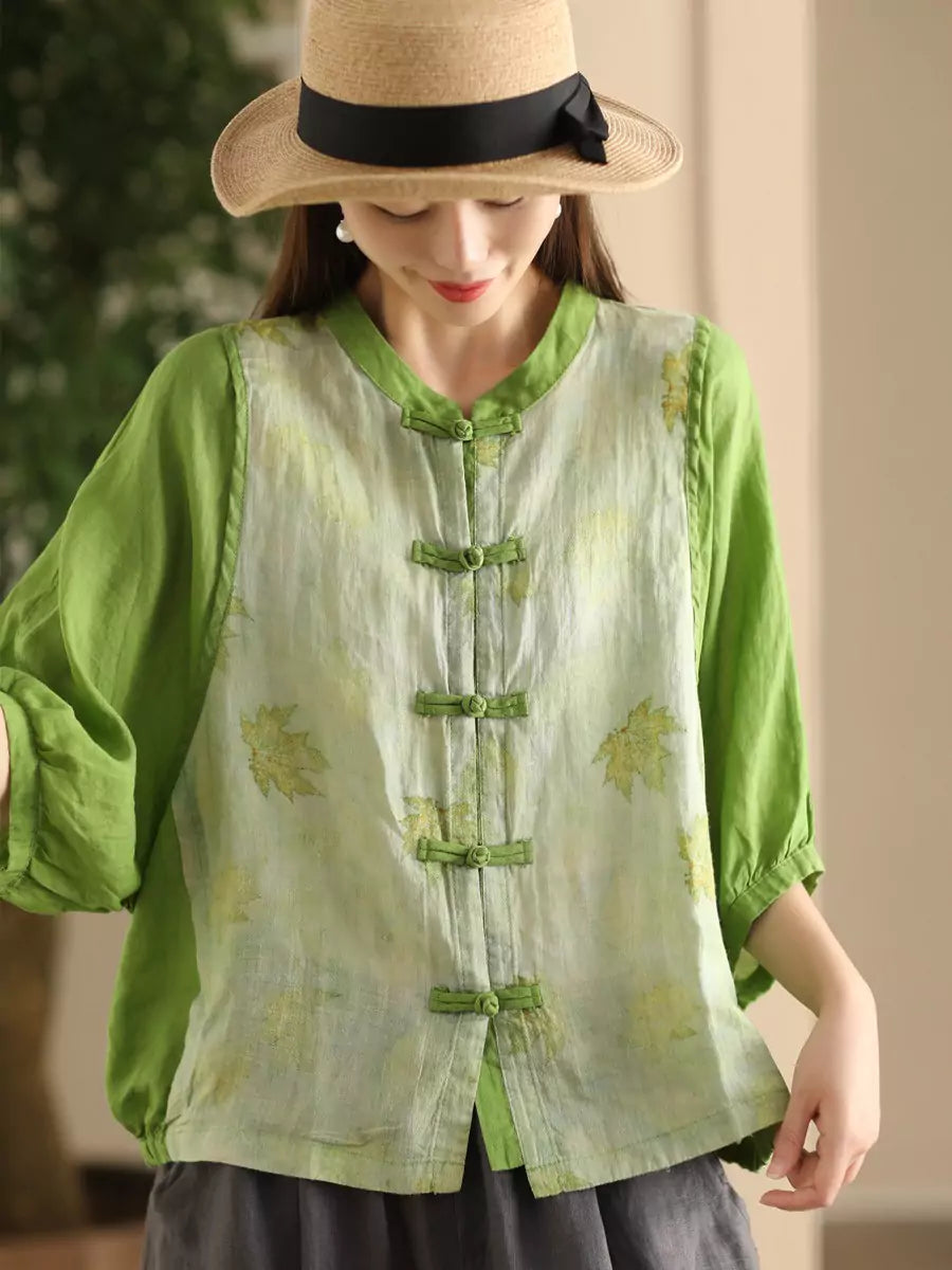 Vintage Ramie Jacquard Stand-Collar Shirt for Women with Frog Button
