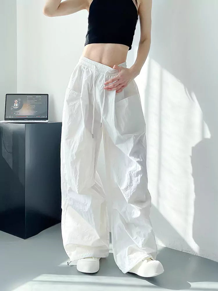 Wide-Leg Summer White Ice Silk High-Waist Loose Cargo Pants for Women