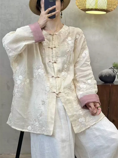 Vintage-Hemd im chinesischen Stil aus Ramie mit Stickerei und Froschknöpfen für Damen
