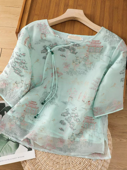 Kurzarmbluse aus Organza im chinesischen Stil mit Stickerei und asymmetrischem Verschluss