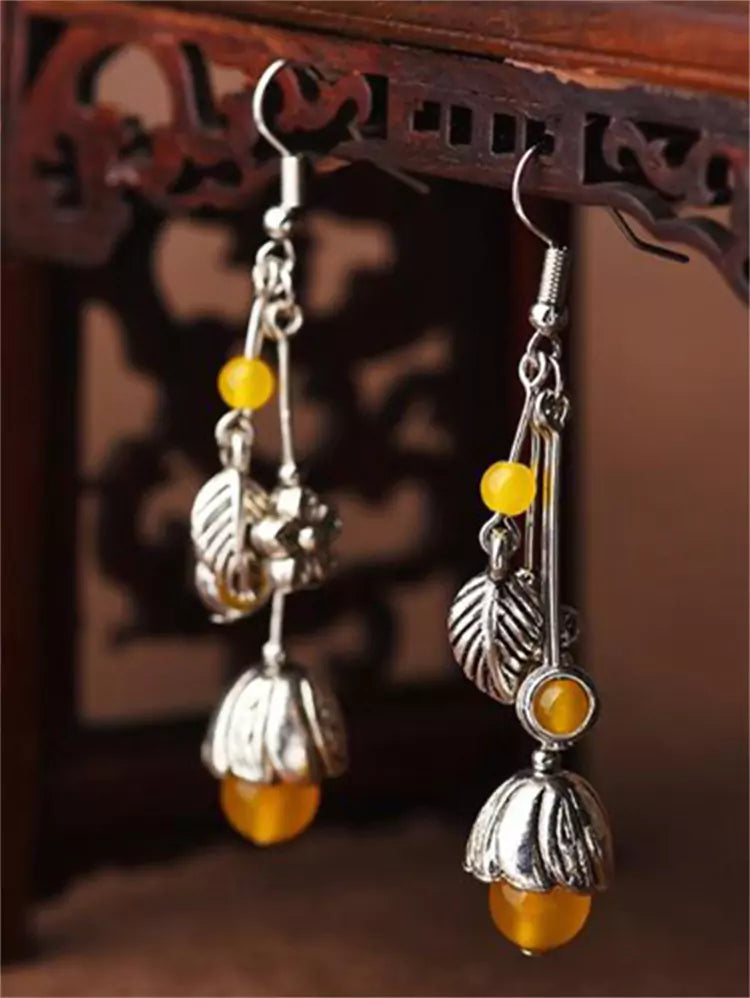 Pendientes largos colgantes de ágata amarilla de plata tibetana estilo palacio étnico