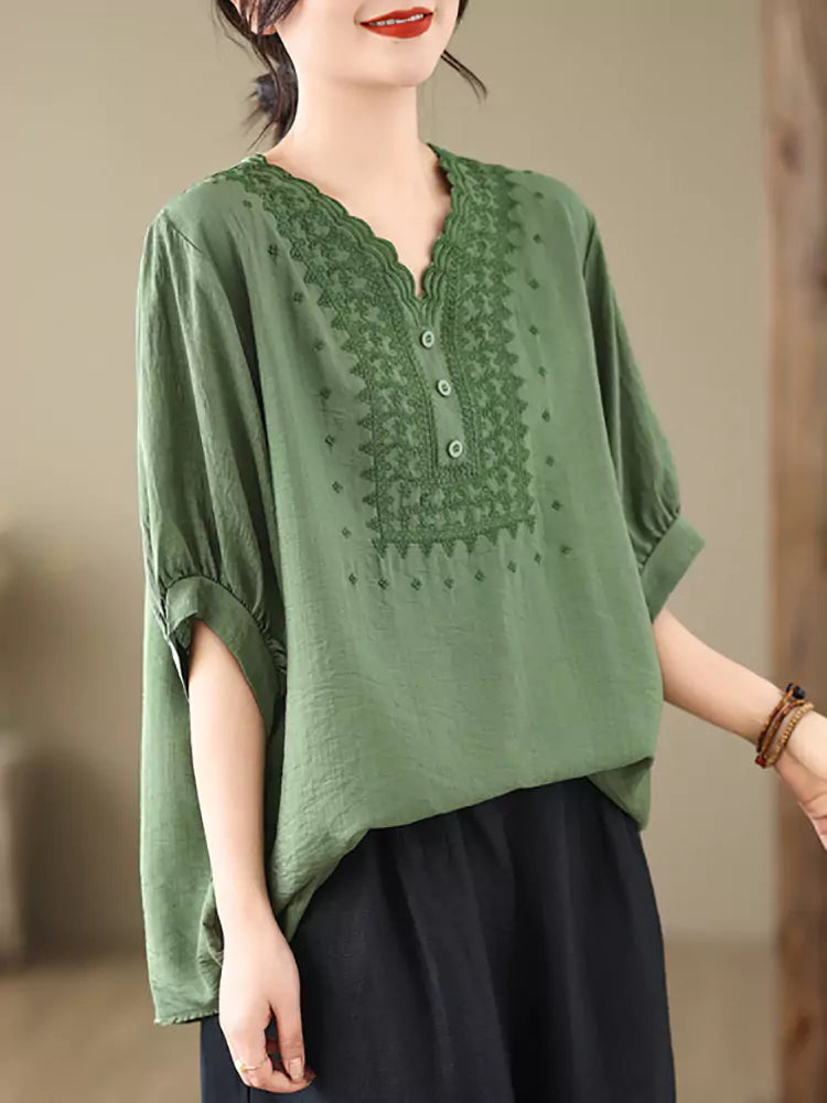 Plus Size Solid Color Embroidered Cotton Linen Short Sleeve Top For Women