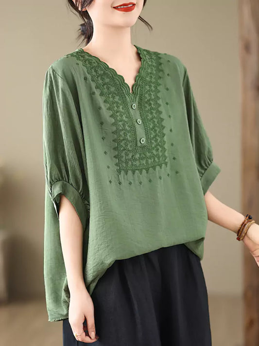 Kurzarm-Top aus Baumwoll-Leinen-Mischgewebe in Übergröße, einfarbig, bestickt, für Damen