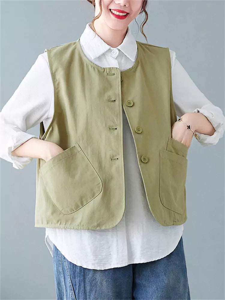 Plus Size Solid Color Casual Vintage Utility Vest for Women