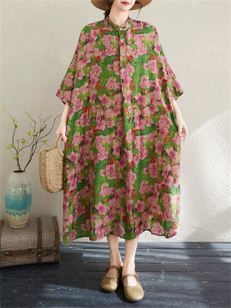 Vestido largo vintage de lino y algodón con estampado floral de talla grande para mujer