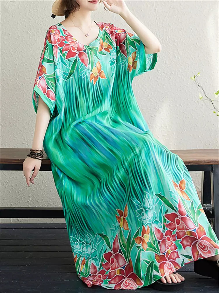 Bohemian Summer Plus Size  Beach Dress with Round Neck Elegant and Artistic Style