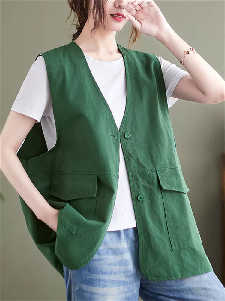 Plus Size Pockets Solid Color Cotton Vest for Women