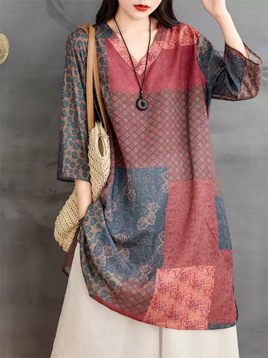 Vintage Floral Ramie V-Neck Loose-Fit Mid-Length Tunic Top with 3/4 Sleeves