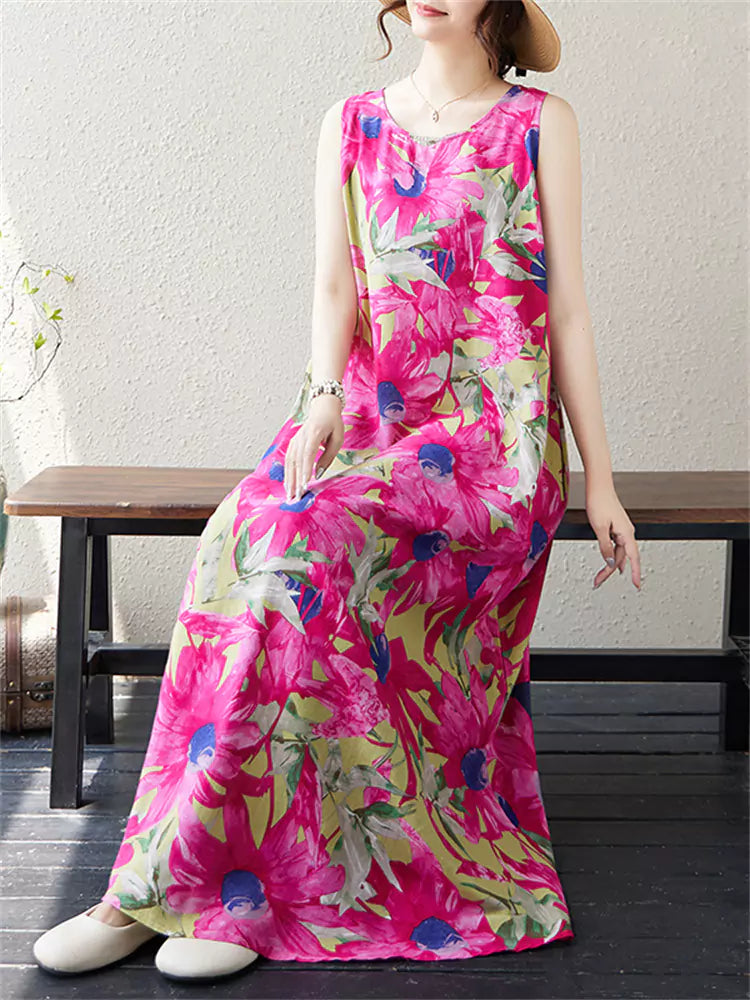 Vestido largo de lino y algodón con estampado floral bohemio de talla grande para mujer sin mangas