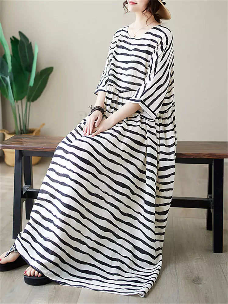 Plus Size Bohemian Striped Cotton Linen Maxi Dress for Women