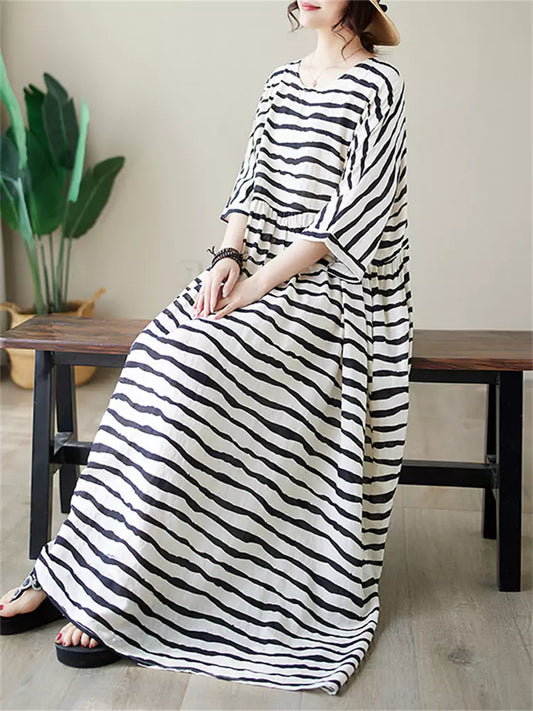 Maxikleid im Boho-Stil mit Streifen aus Baumwoll-Leinen-Mischgewebe in Übergröße für Damen