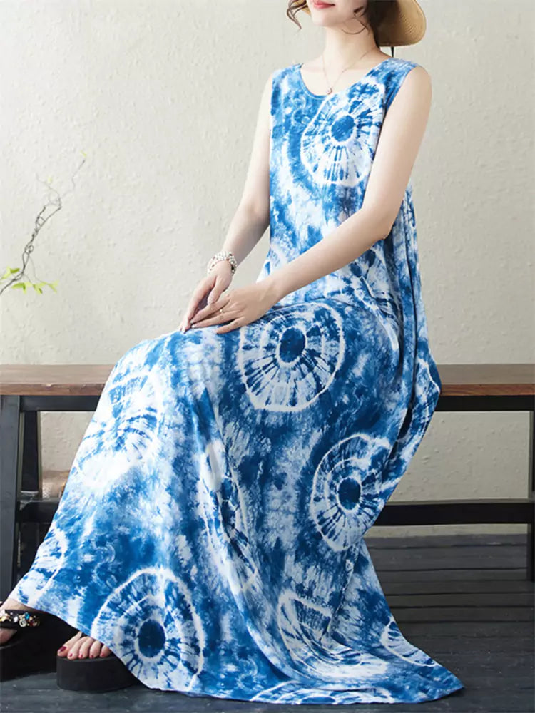 Summer Vacation Plus Size Tie-Dye Blue Sleeveless Maxi Dress
