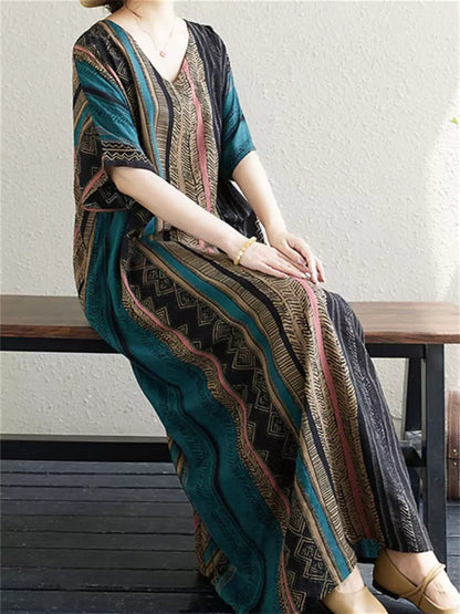 Plus Size V-Neck Vintage Striped Cotton Linen Dress Flattering and Elegant