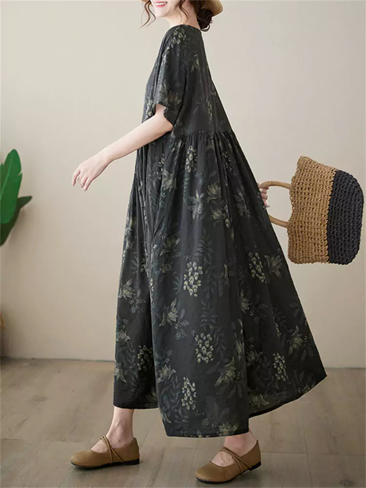 Plus Size Short Sleeve Round Neck Casual Printed Cotton Linen Maxi Dress