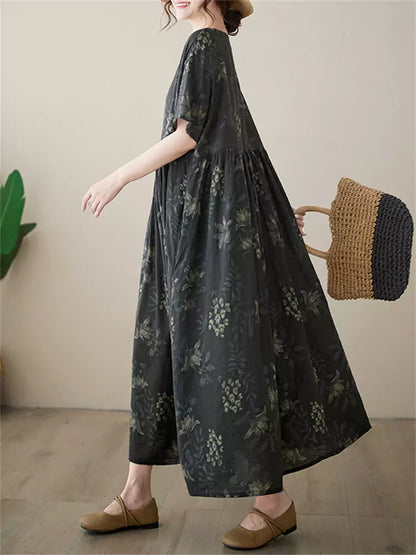Plus Size Kurzarm-Maxikleid aus bedruckter Baumwoll-Leinen-Mischung mit Rundhalsausschnitt und Rundhalsausschnitt