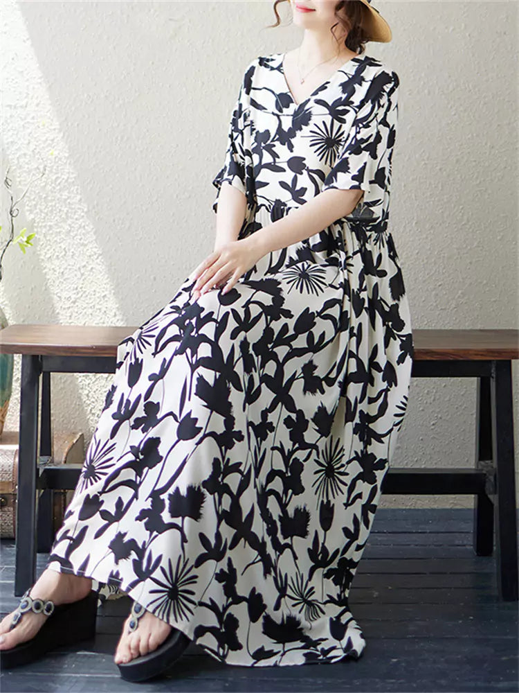 Plus Size Ethno-Kleid mit V-Ausschnitt und Blumenmuster für Damen