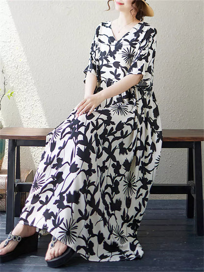 Plus Size Ethno-Kleid mit V-Ausschnitt und Blumenmuster für Damen