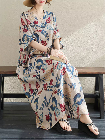 Maxikleid im Boho-Stil mit Blumenmuster aus Baumwoll-Leinen-Mischgewebe in Übergröße für Damen