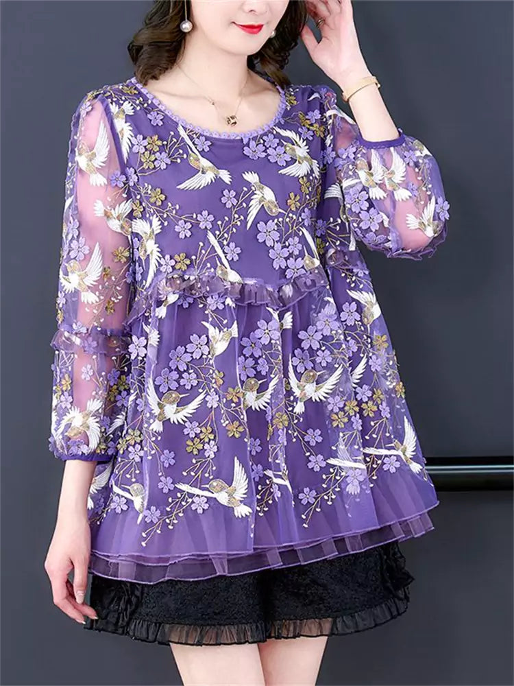 Plus Size Elegant Round Neck Embroidered Lace Blouse for Women