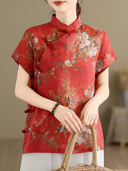 Neue Bluse im chinesischen Stil aus rotem Brokatleinen mit Stehkragen und Froschknöpfen