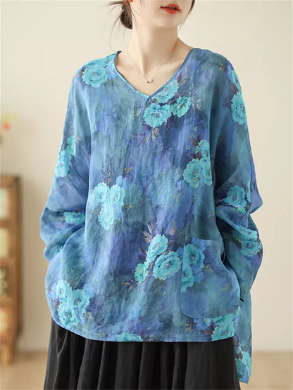 Lässige, langärmelige Ramie-Bluse mit künstlerischem Blumenmuster und V-Ausschnitt für Damen