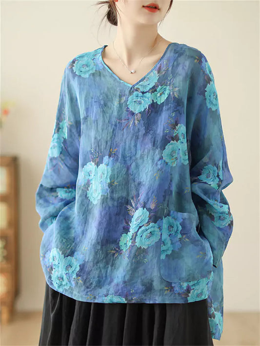 Lässige, langärmelige Ramie-Bluse mit künstlerischem Blumenmuster und V-Ausschnitt für Damen