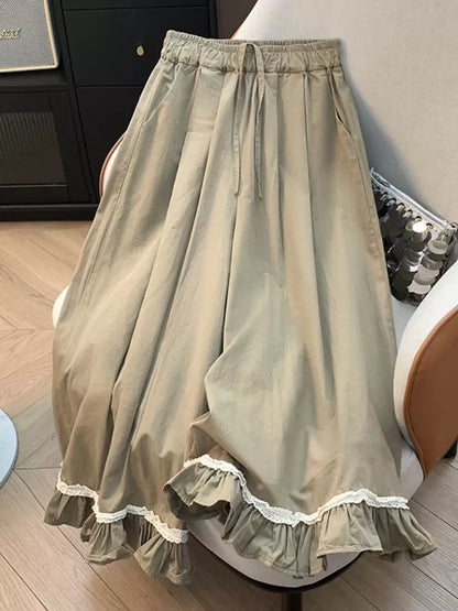 Mori Style Vintage Cotton Ruffle Hem Wide-Leg Cropped Pants for Women