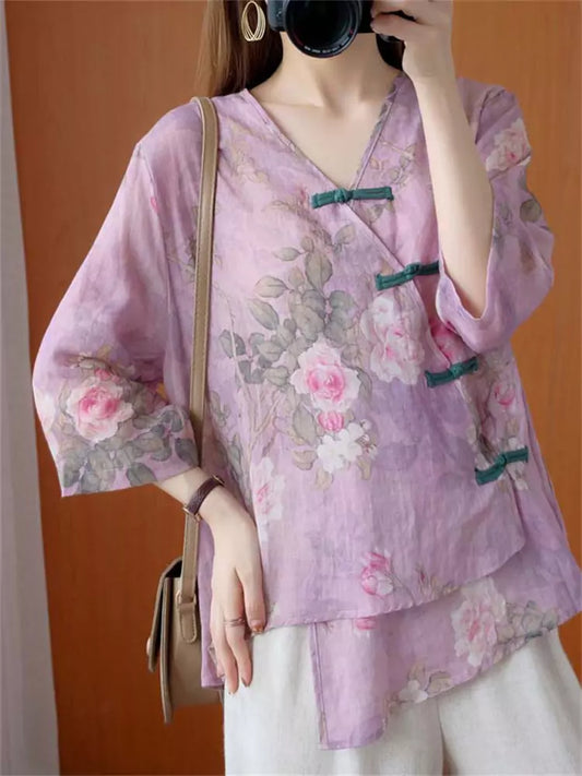 Vintage-Bluse im chinesischen Stil mit Blumenmuster, V-Ausschnitt und asymmetrischem Schnitt aus Baumwoll-Leinen-Mischgewebe für Damen