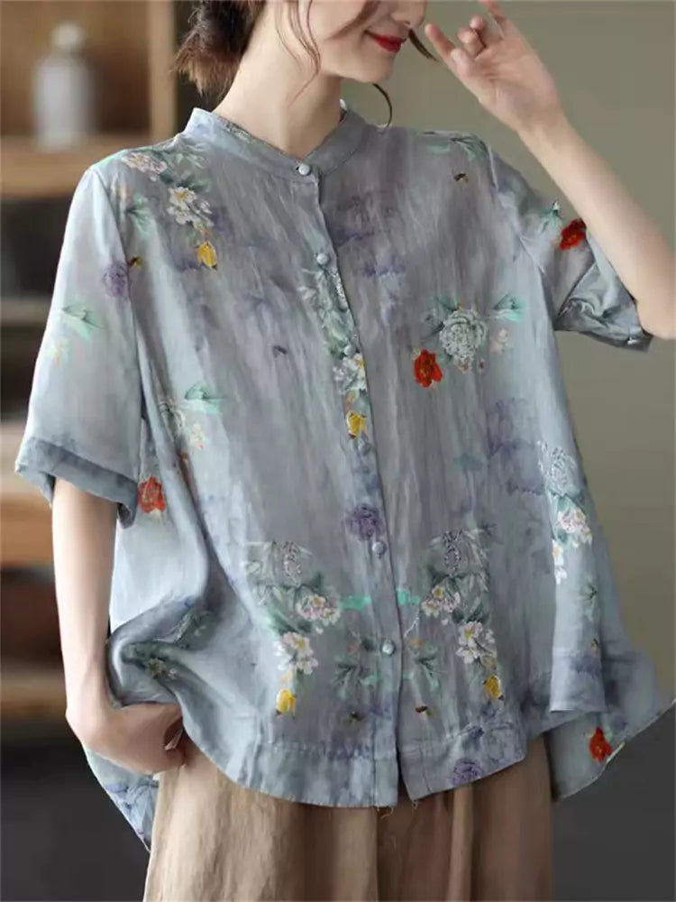 Plus Size Summer Vintage Floral Cotton Linen Blouse for Women Short Sleeve