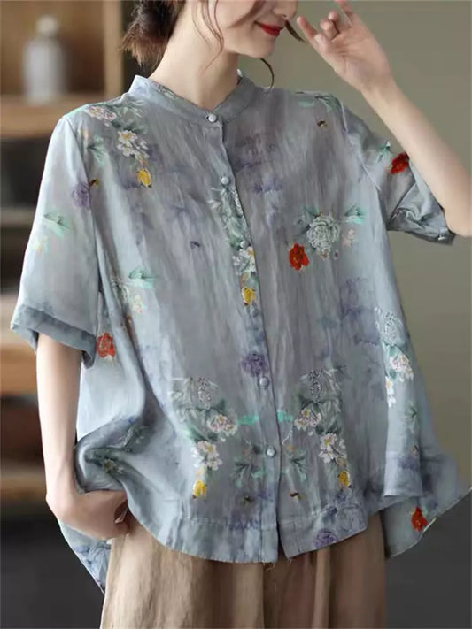 Sommerbluse im Vintage-Stil mit Blumenmuster aus Baumwoll-Leinen-Mischgewebe in Übergröße für Damen, Kurzarm