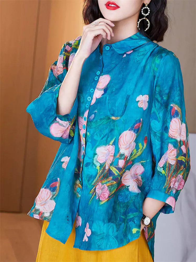 Plus Size High End Blue Floral Print Ramie Shirt for Women 3/4 Sleeve