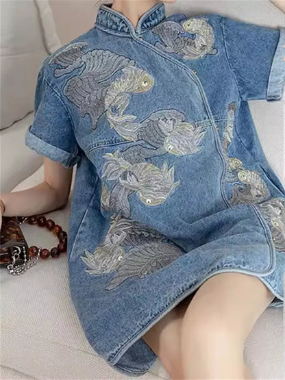 Modern Chinese Style Denim Embroidered Cheongsam with Waist-Cinching Design