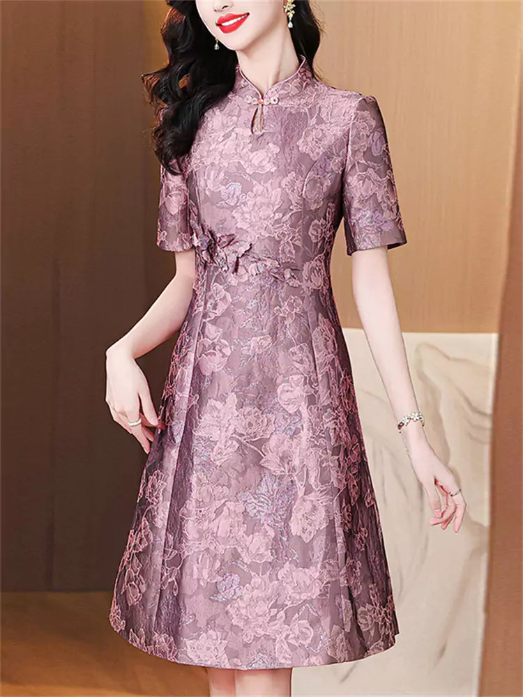 Modern Chinese Style Stand Collar Jacquard Qipao Dress with Waist-Cinching Design