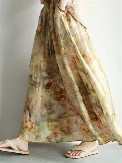 Vintage-Maxirock mit künstlerischem Ölgemälde-Print und fließender A-Linien-Silhouette