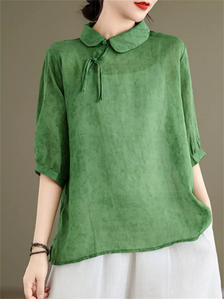 Elegant New Chinese Style Ramie Shirt for Women Half Sleeve