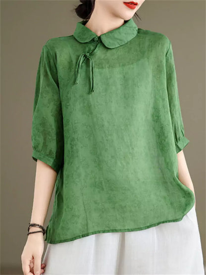 Elegantes Ramie-Hemd im chinesischen Stil für Damen, halblang, mit halben Ärmeln