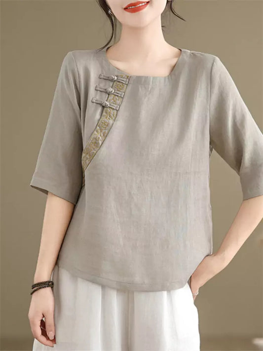 Vintage Chinese Style Short Sleeve Embroidered Linen Blouse for Women with Diagonal Placket and Frog Buttons