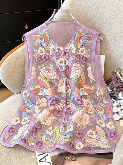 Neue Sommerweste im chinesischen Stil aus Maulbeerseide mit aufwendiger Stickerei