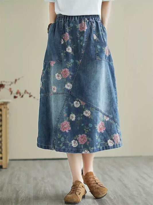 Vintage Loose Casual Printed Patchwork Midi Denim Skirt Elastic Waist
