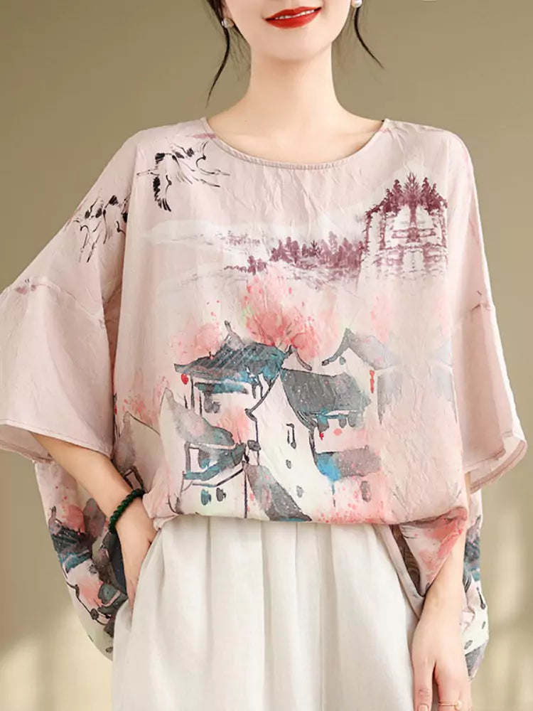 Vintage Artistic Ink Print Loose Fit Batwing Sleeve Blouse for Women