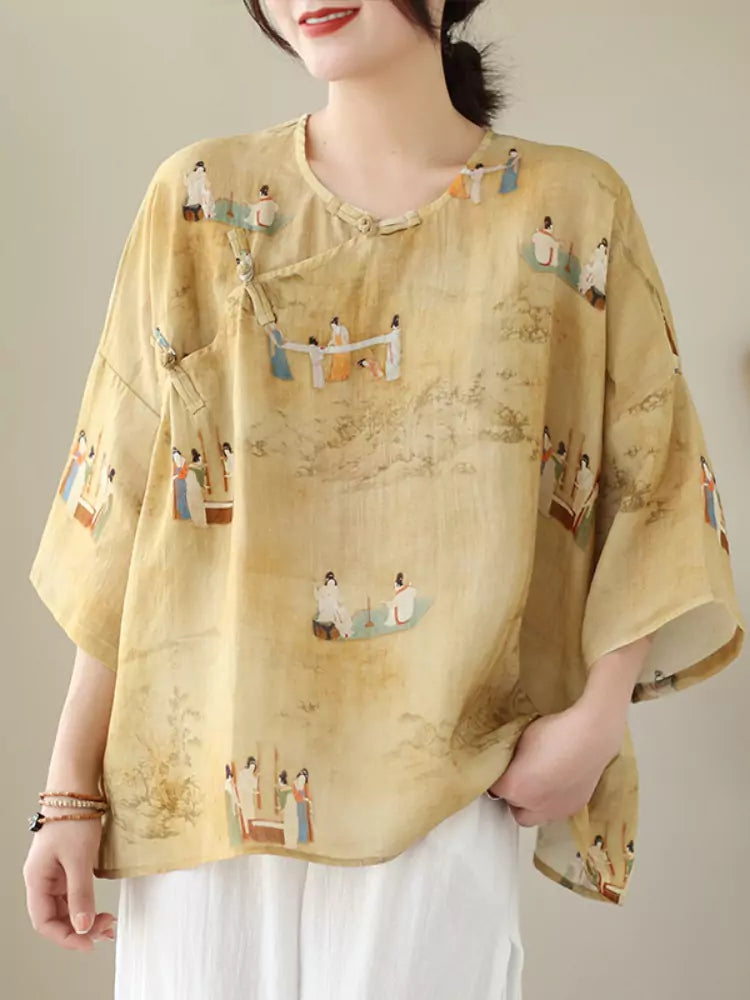 Plus Size Chinese Style Cotton Linen Printed Blouse for Women 3/4 Sleeve with Frog Buttons