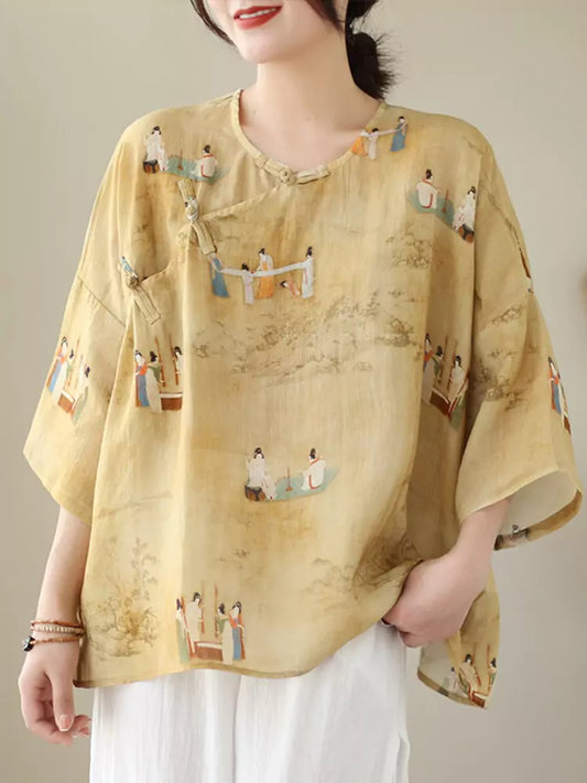 Plus Size Chinese Style Cotton Linen Printed Blouse for Women 3/4 Sleeve with Frog Buttons