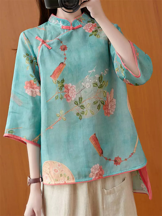 Vintage Plus Size Chinese Style Zen-Inspired Floral Print Ramie Blouse for Women