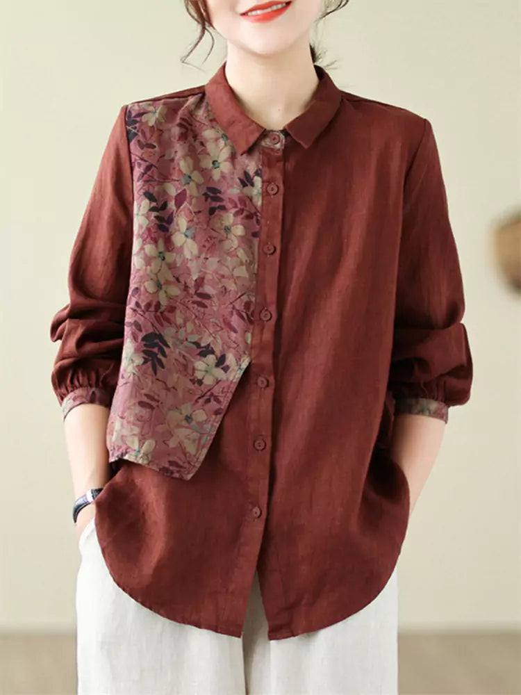 Casual Loose Fit Button Down Cotton Linen Blouse with Printed Patchwork for Women